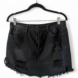 Size Small / 28 l Black Denim Distressed Mini Skirt